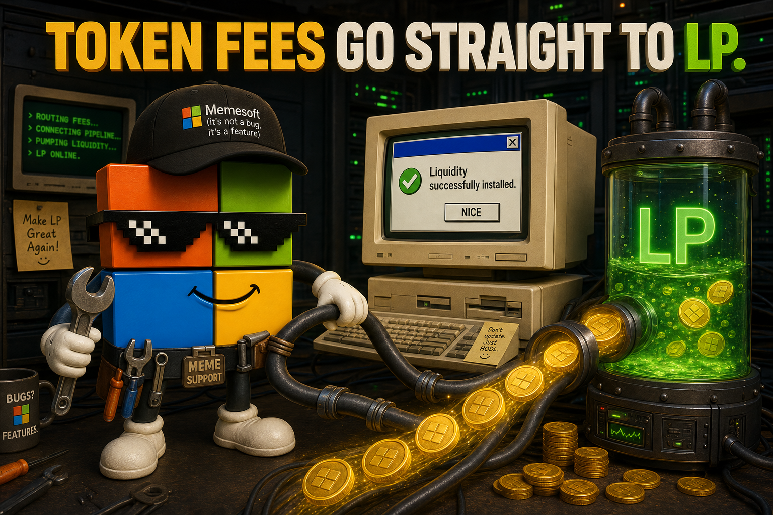 MemeSoft mascot routing token fees directly into a glowing liquidity pool