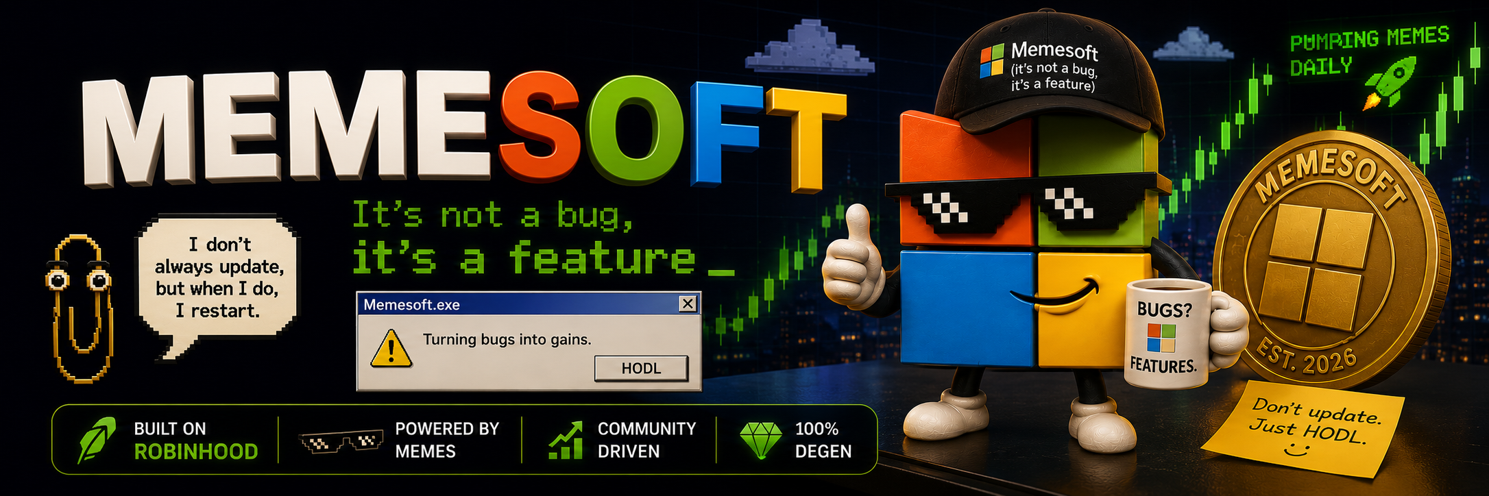 MemeSoft mascot with sunglasses, a retro computer, and a gold MemeSoft coin