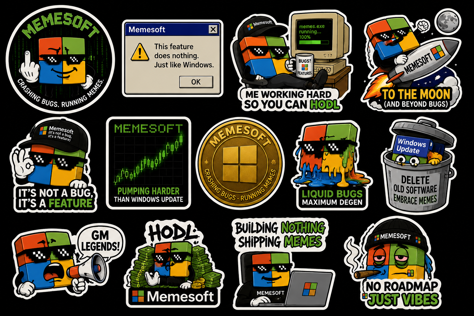Collection of colorful MemeSoft stickers and meme artwork