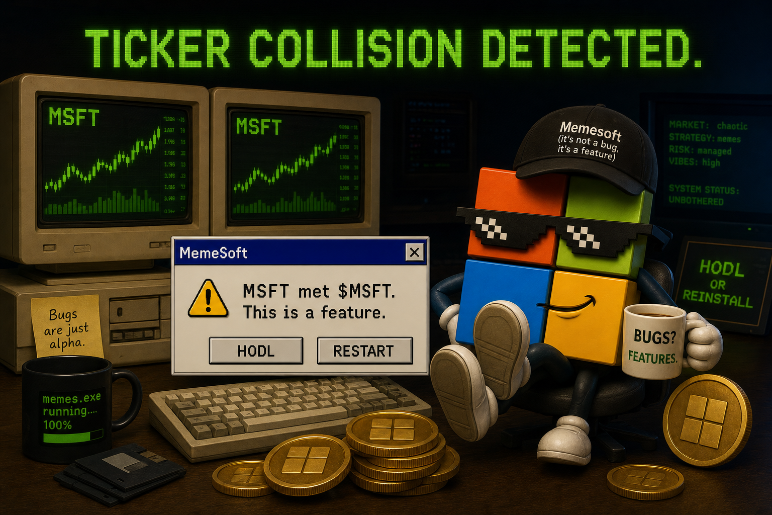 MemeSoft mascot at a retro trading desk with an MSFT and $MSFT ticker collision